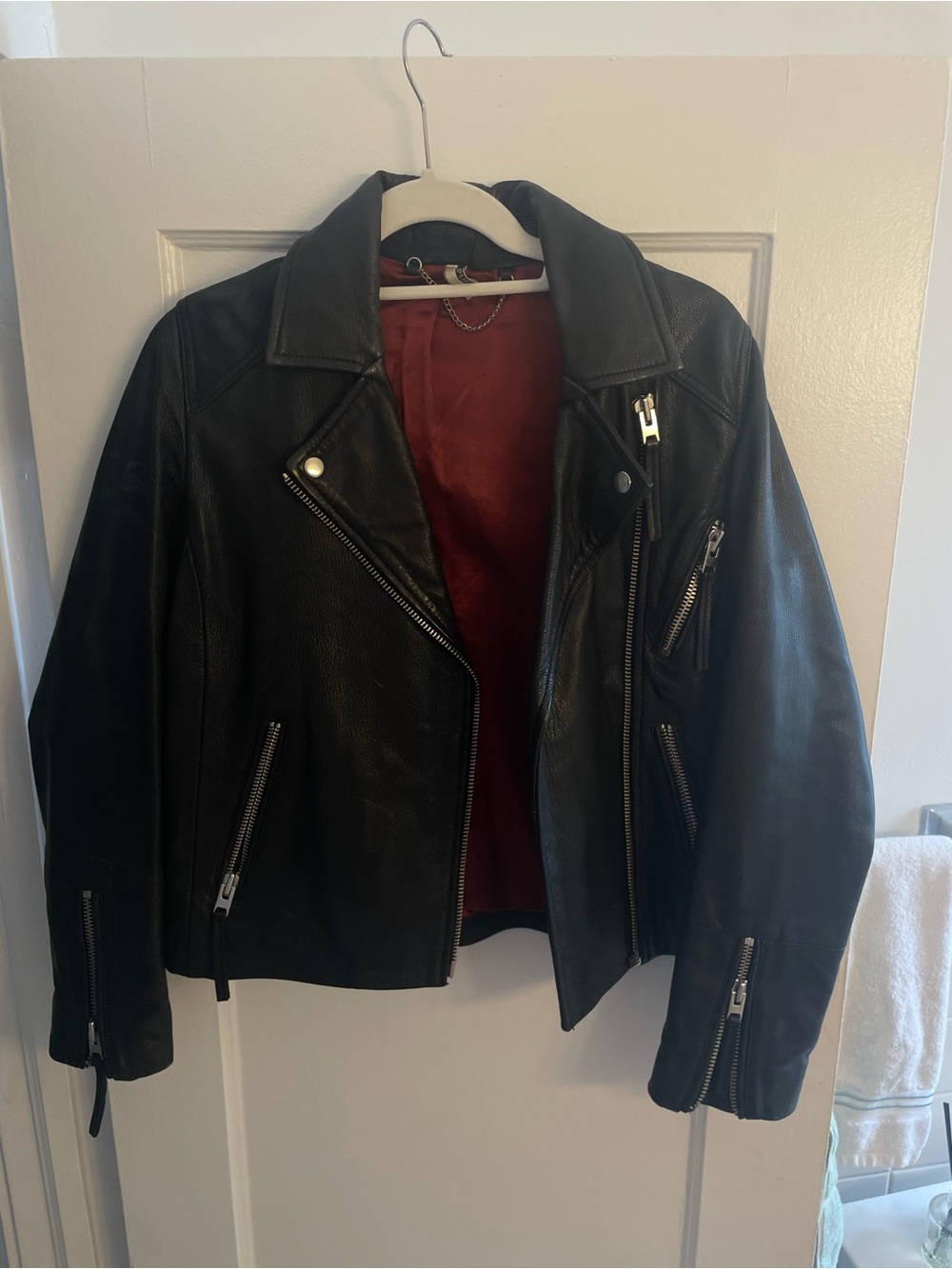 Topshop Black Leather Moto Jacket with Red Lining